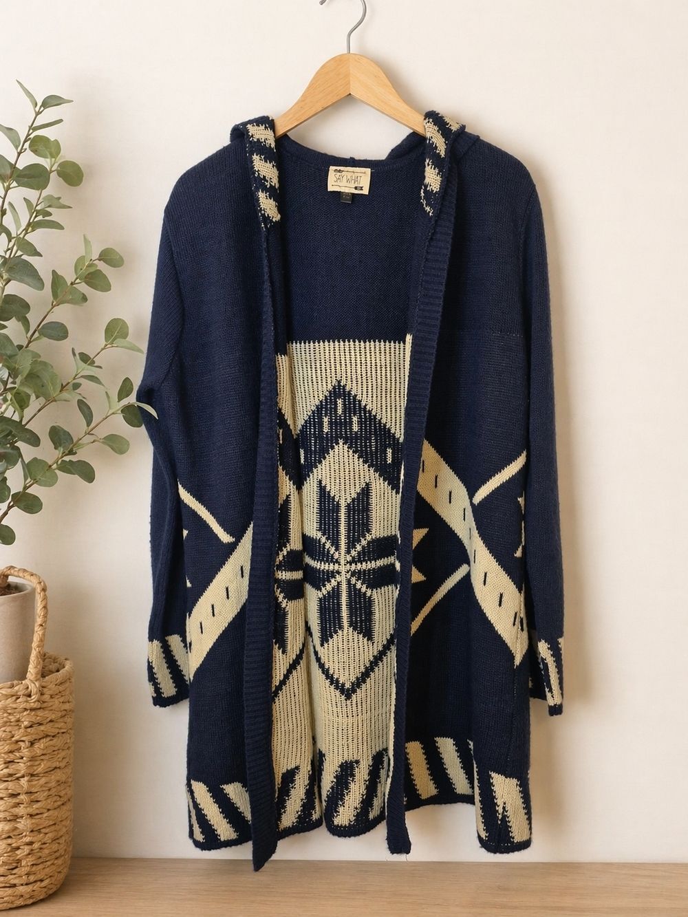 Say What? Navy and Cream Hooded Aztec Knit Cardigan